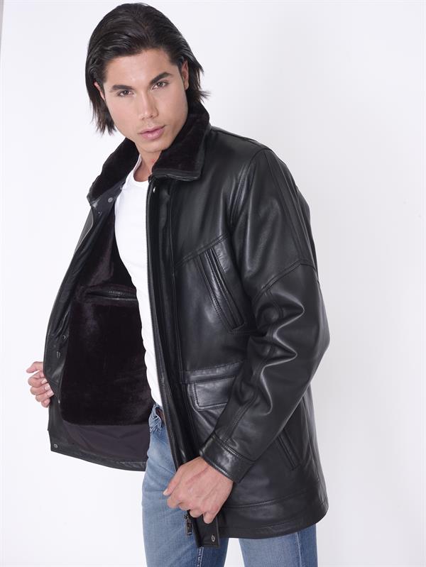 Kürklü Kışlık Siyah Gerçek Deri Kaban