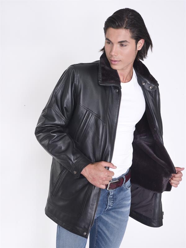 Kürklü Kışlık Siyah Gerçek Deri Kaban