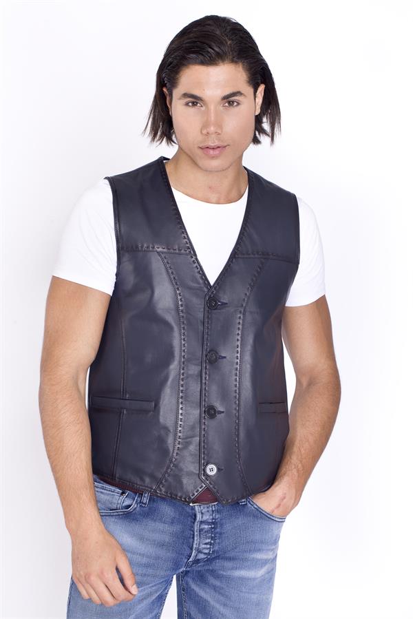 Lacivert Hakiki Deri Yelek