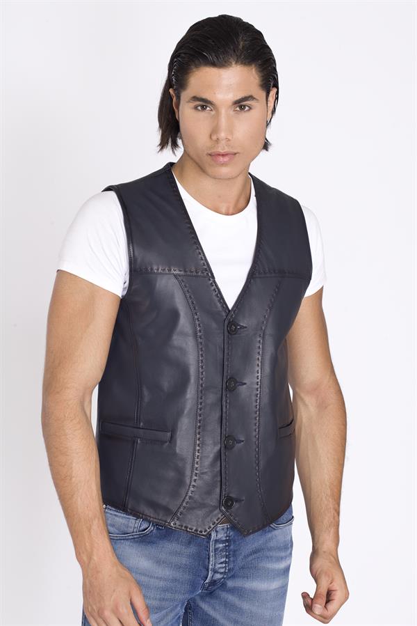 Lacivert Hakiki Deri Yelek