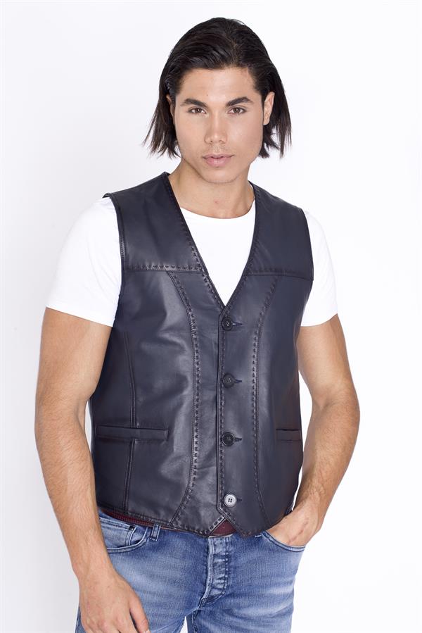 Lacivert Hakiki Deri Yelek