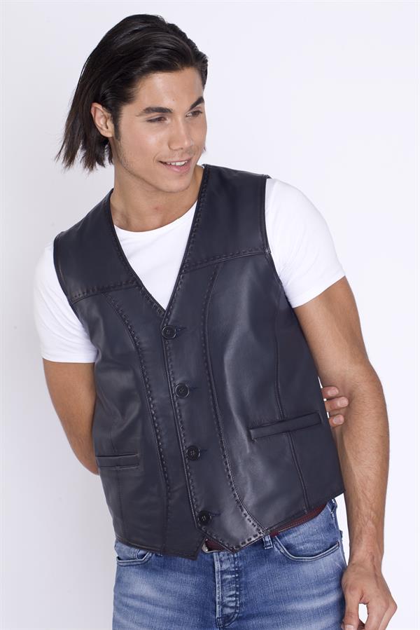 Lacivert Hakiki Deri Yelek