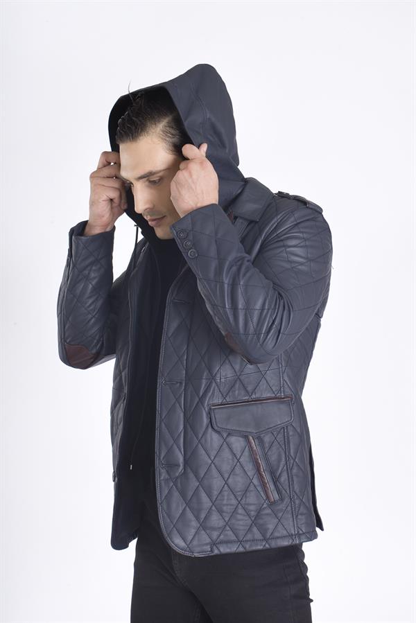 Nakışlı Kapşonlu Hakiki Deri Mont