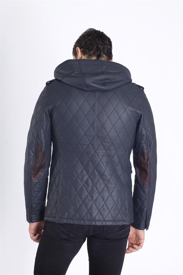 Nakışlı Kapşonlu Hakiki Deri Mont