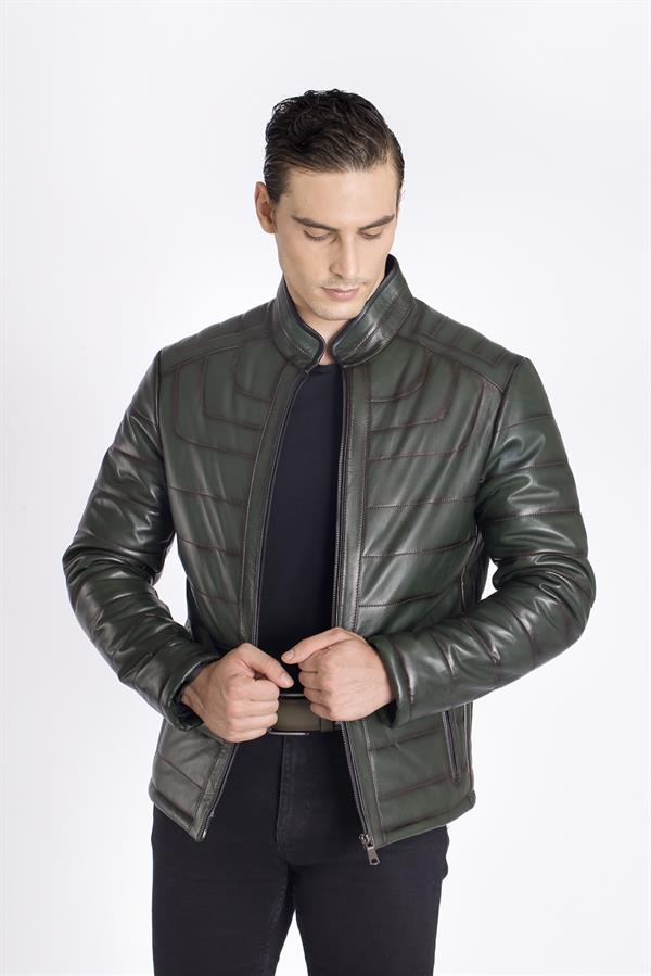 Şahin Deri Yeşil Renk Gerçek Deri Mont