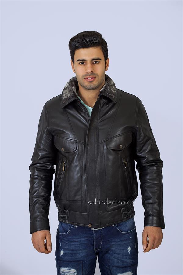 Seyyar Kürklü Siyah Hakiki Deri Mont