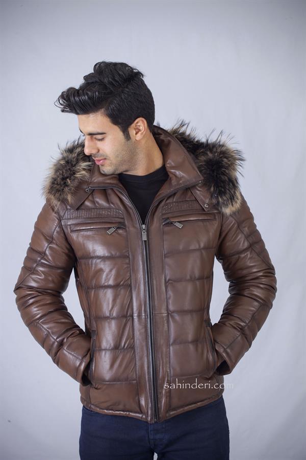 Şişme Kapşonlu Kışlık Erkek Deri Mont