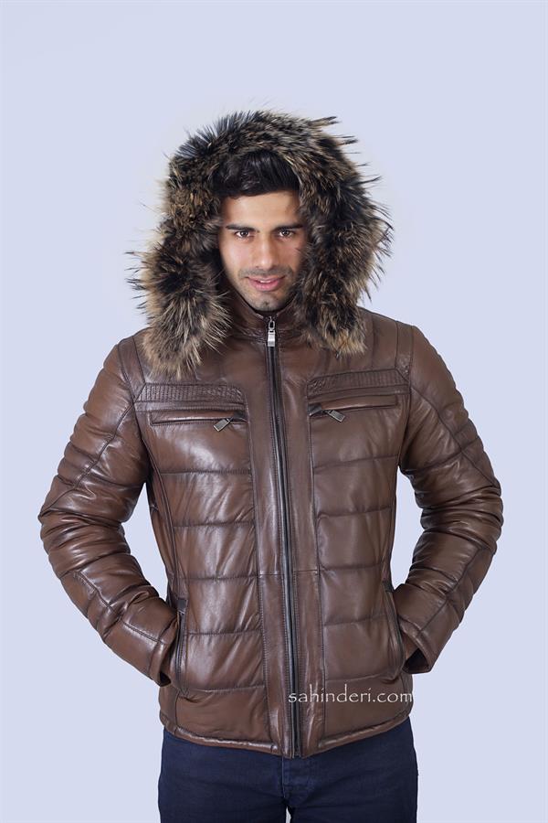 Şişme Kapşonlu Kışlık Erkek Deri Mont