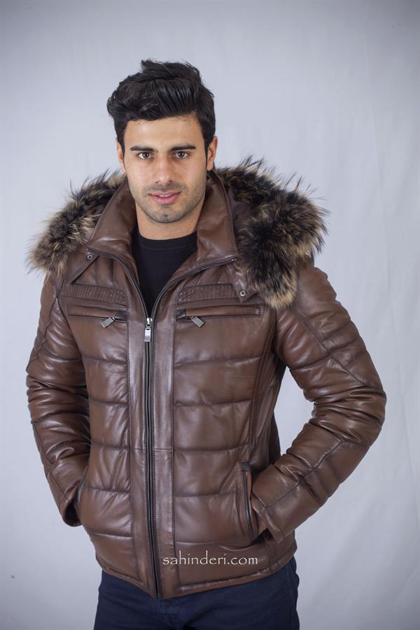 Şişme Kapşonlu Kışlık Erkek Deri Mont