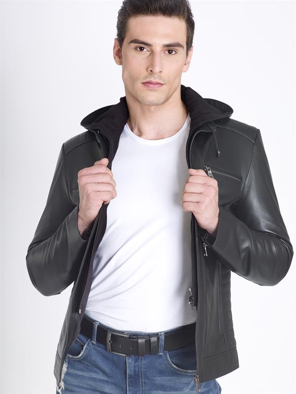 Siyah Erkek Kapşonlu Deri Mont