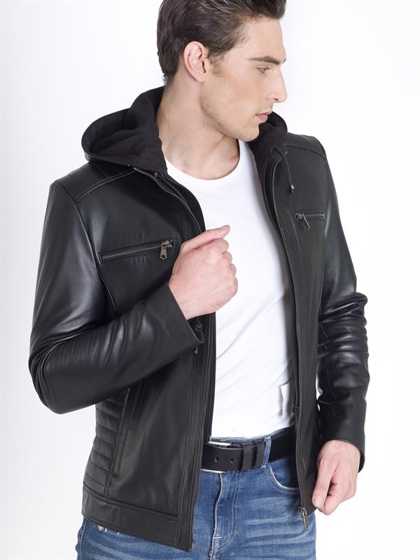 Siyah Erkek Kapşonlu Deri Mont