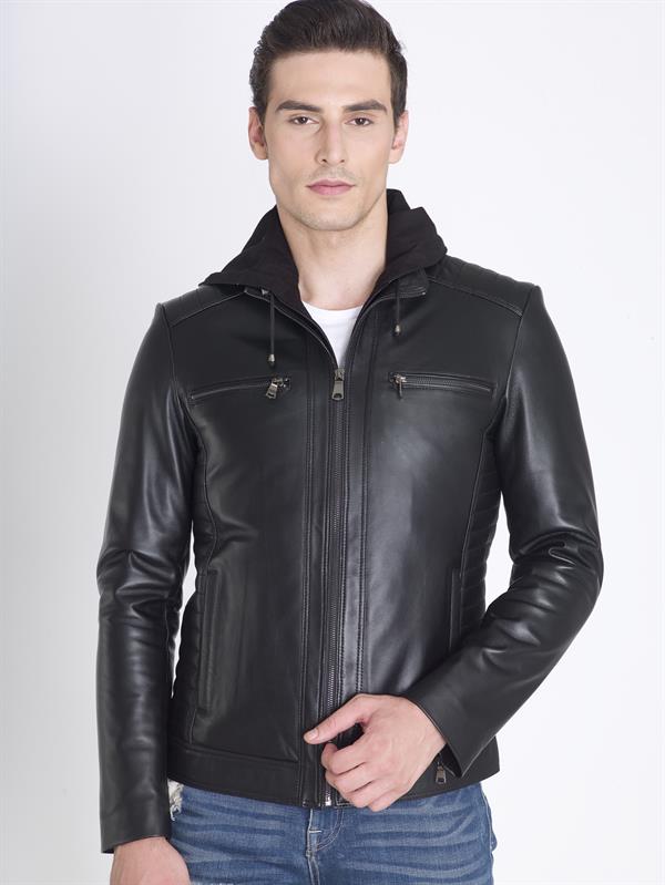 Siyah Erkek Kapşonlu Deri Mont