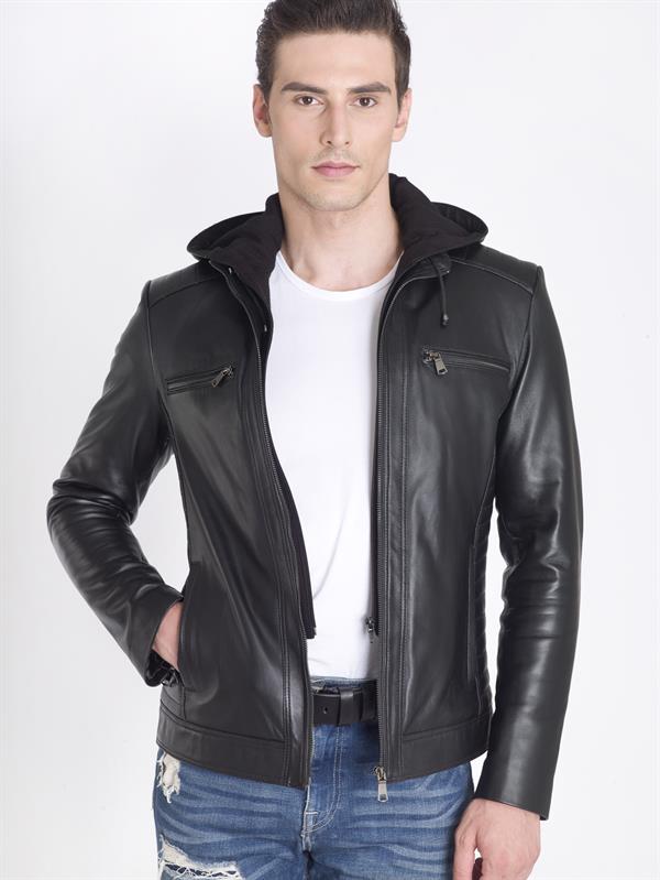 Siyah Erkek Kapşonlu Deri Mont