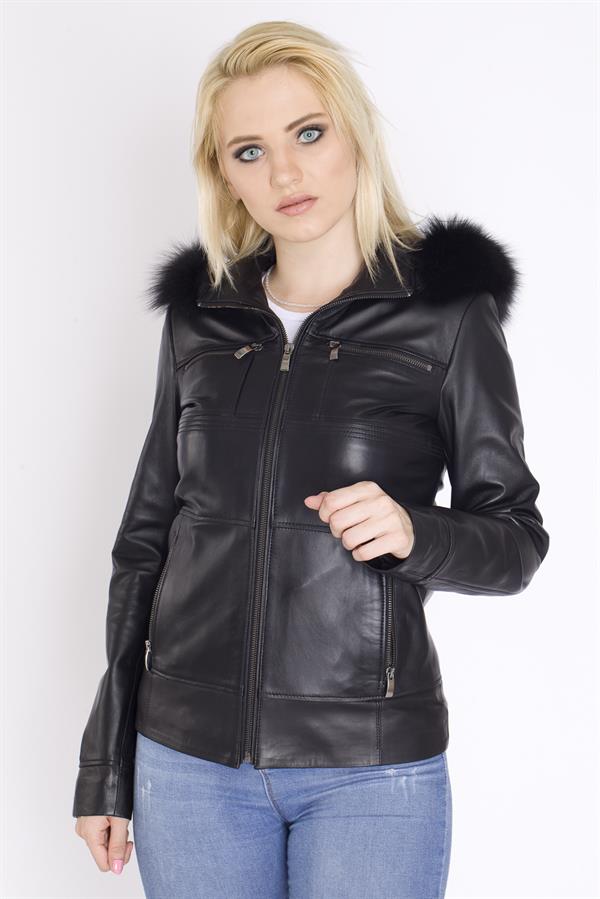 Siyah Gerçek Deri Kadın Mont