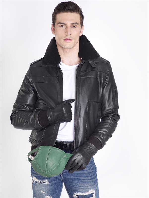 Siyah Gerçek Deri Pilot Mont