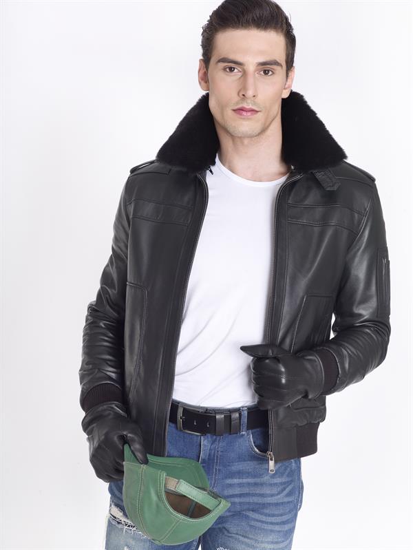 Siyah Gerçek Deri Pilot Mont