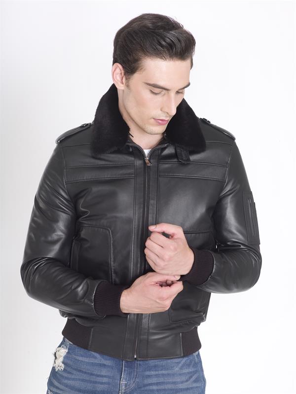 Siyah Gerçek Deri Pilot Mont