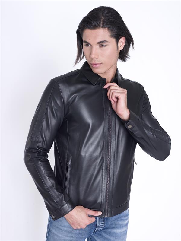 Siyah İnce Mevsimlik Hakiki Deri Mont