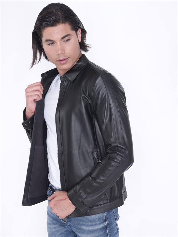 Siyah İnce Mevsimlik Hakiki Deri Mont