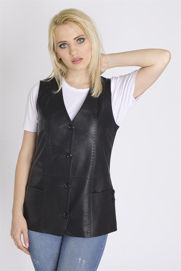 Siyah Kadın Deri Yelek