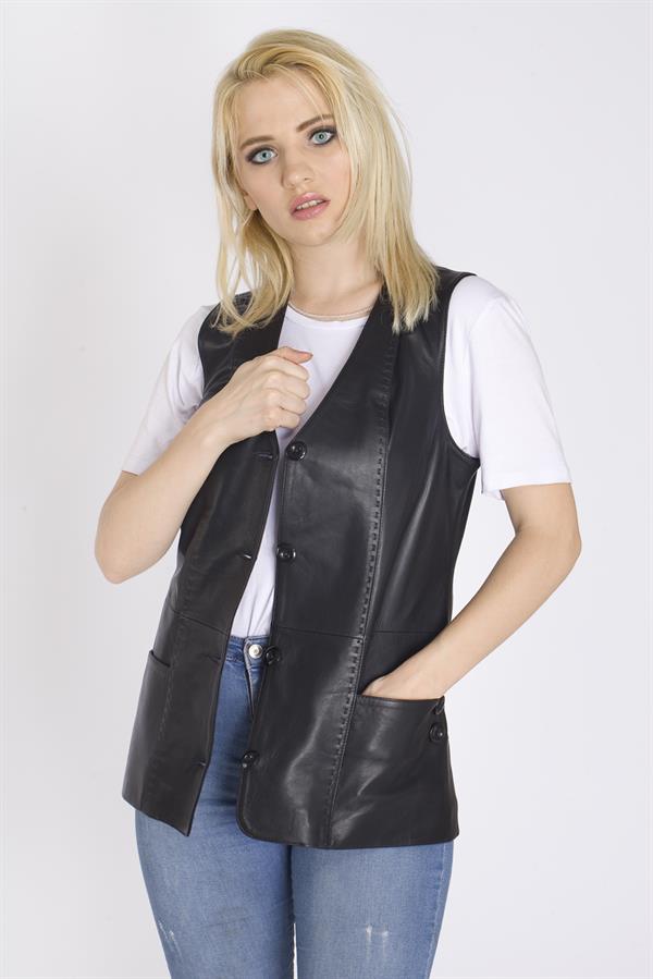 Siyah Kadın Deri Yelek