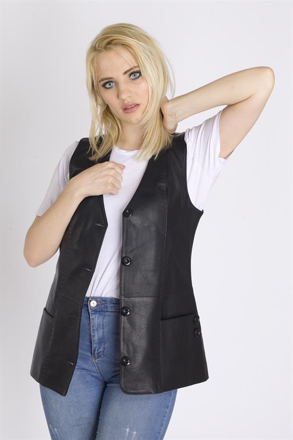 Siyah Kadın Deri Yelek