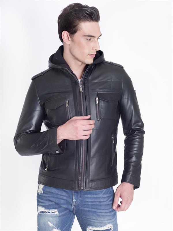 Siyah Kapşonlu Gerçek Deri Mont