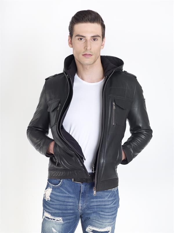 Siyah Kapşonlu Gerçek Deri Mont