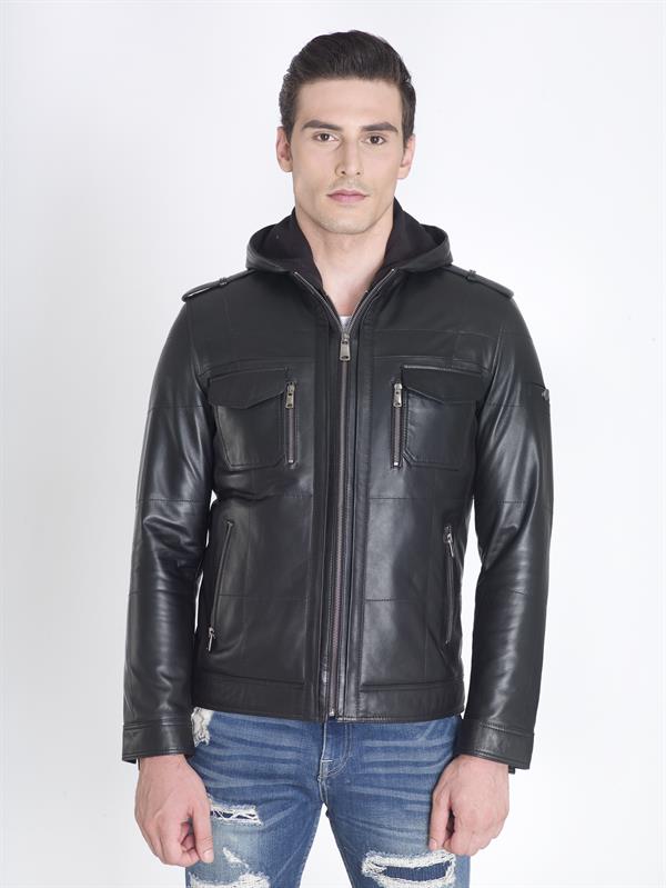 Siyah Kapşonlu Gerçek Deri Mont