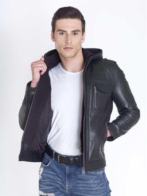 Siyah Kapşonlu Gerçek Deri Mont