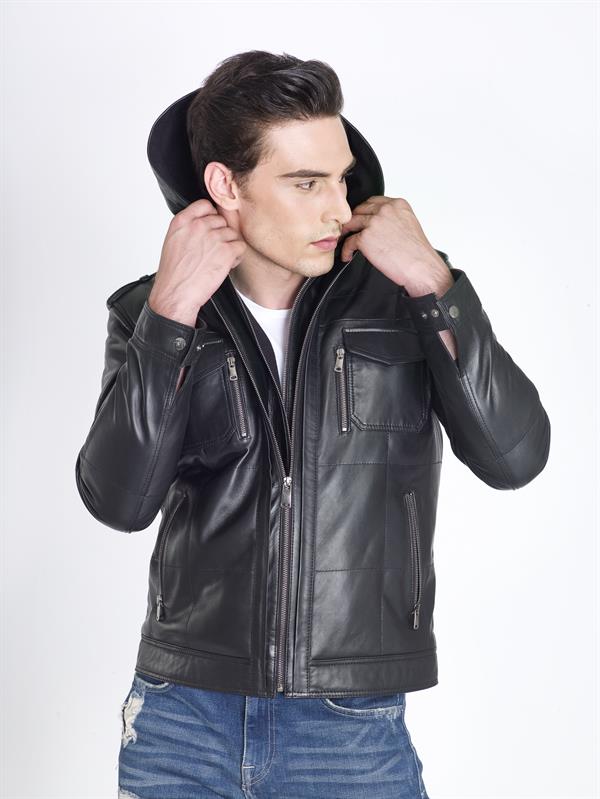 Siyah Kapşonlu Gerçek Deri Mont