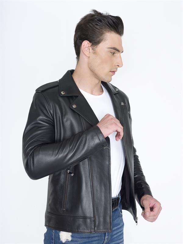 Siyah Motorcu Hakiki Deri Mont