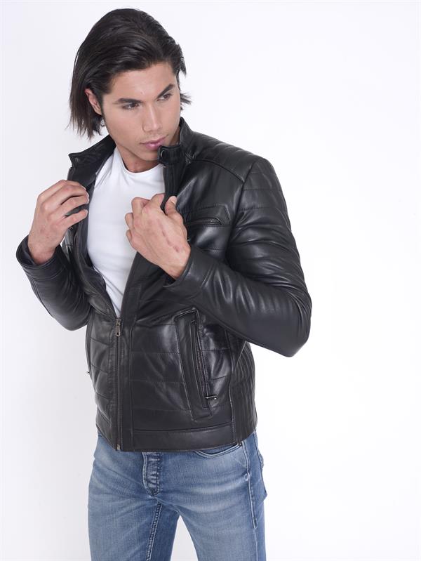 Siyah Şişme Spor Hakiki Deri Mont
