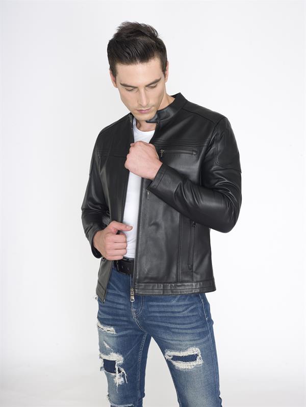 Slim Fit Dik Yaka Gerçek Deri Mont