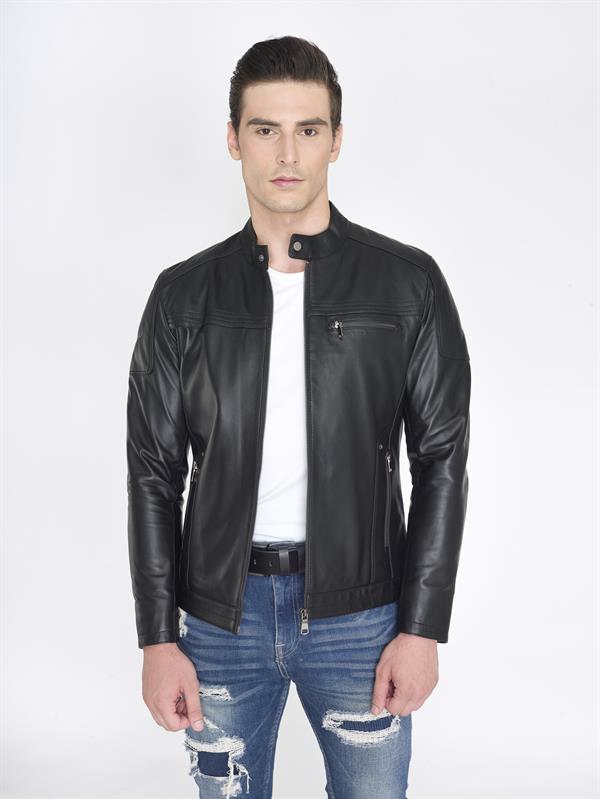 Slim Fit Dik Yaka Gerçek Deri Mont