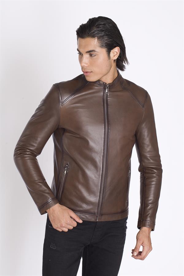 Slim  Fit Sade Gerçek Deri Mont