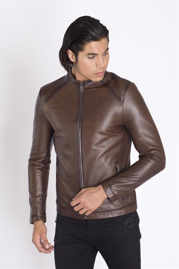 Slim  Fit Sade Gerçek Deri Mont
