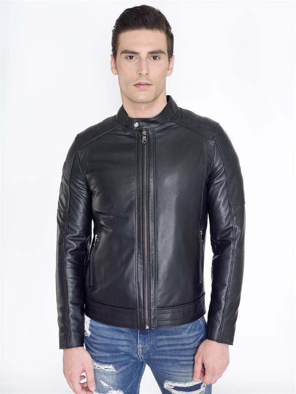 Spor Slim Fit Siyah Erkek Deri Mont