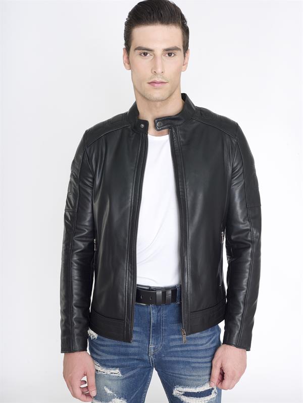 Spor Slim Fit Siyah Erkek Deri Mont