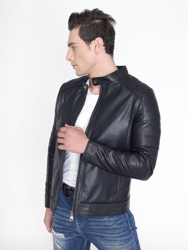 Spor Slim Fit Siyah Erkek Deri Mont