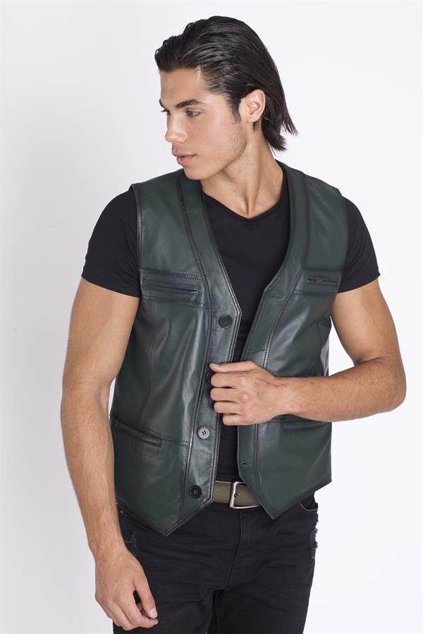 Spor Yeşil Deri Yelek