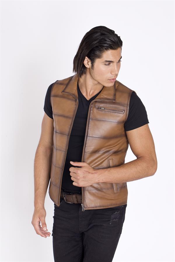 Taba Renk Hakiki Deri Yelek