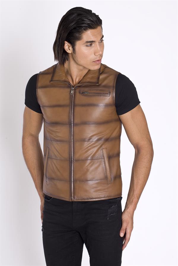 Taba Renk Hakiki Deri Yelek