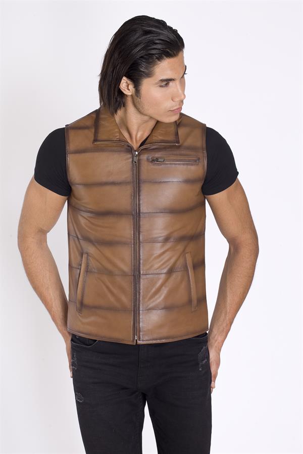 Taba Renk Hakiki Deri Yelek