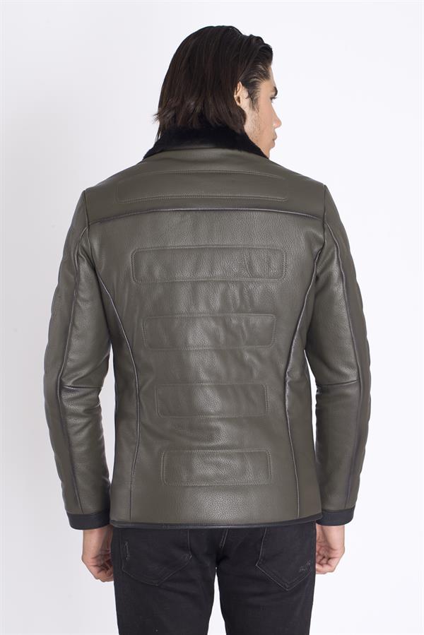 Yaka Kürklü Yeşil Orijinal Deri Mont