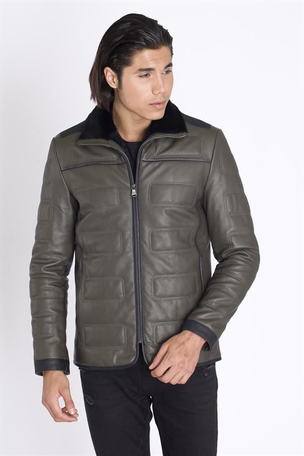 Yaka Kürklü Yeşil Orijinal Deri Mont