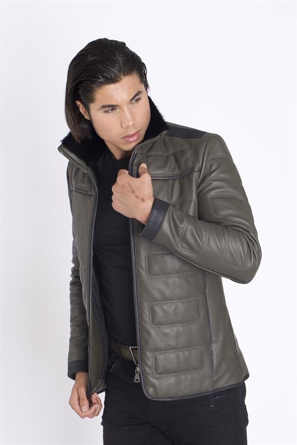 Yaka Kürklü Yeşil Orijinal Deri Mont