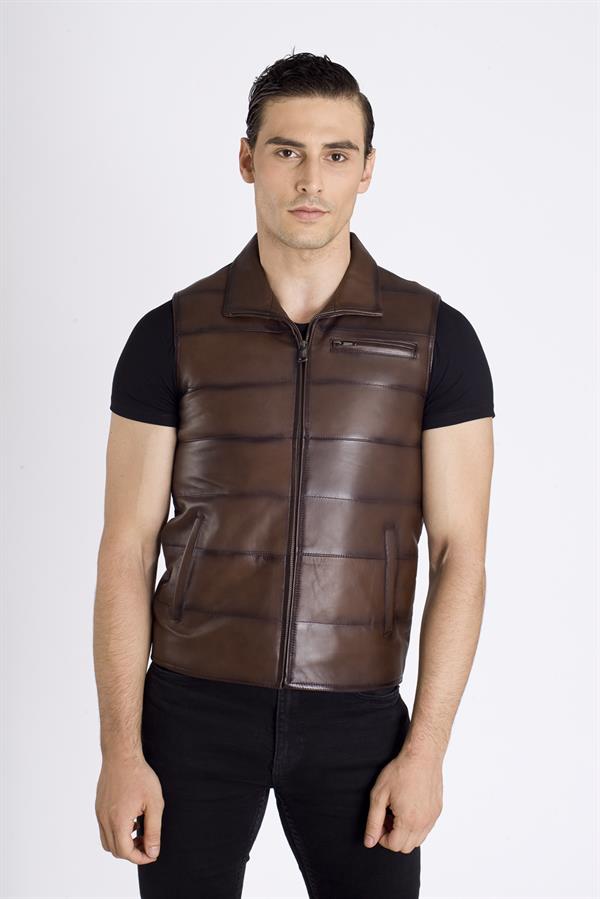 Yakalı Erkek Deri Yelek