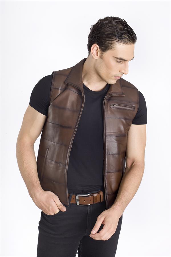 Yakalı Erkek Deri Yelek
