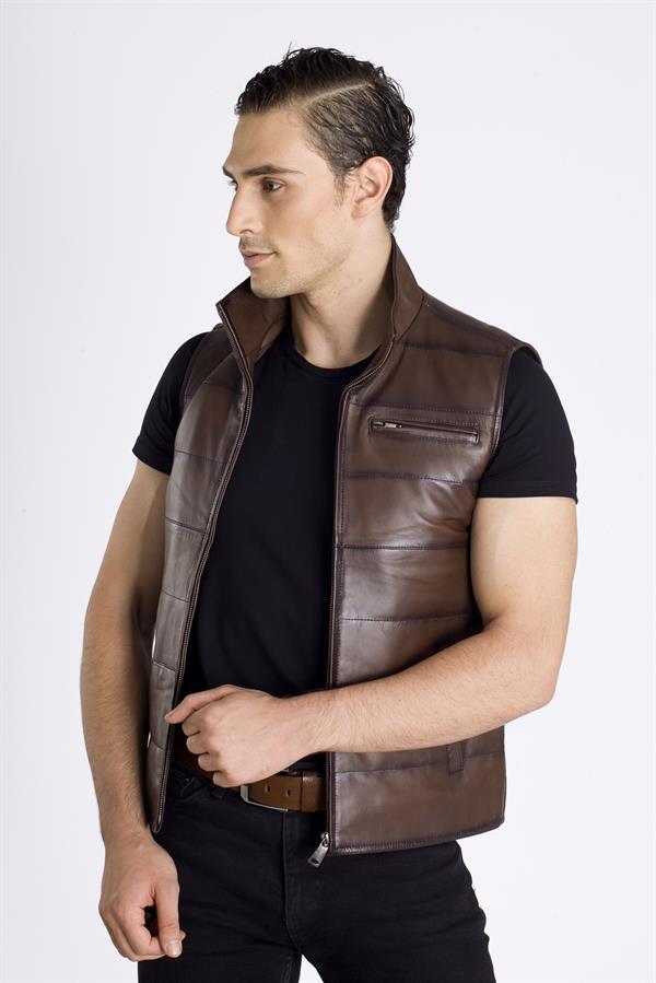 Yakalı Erkek Deri Yelek